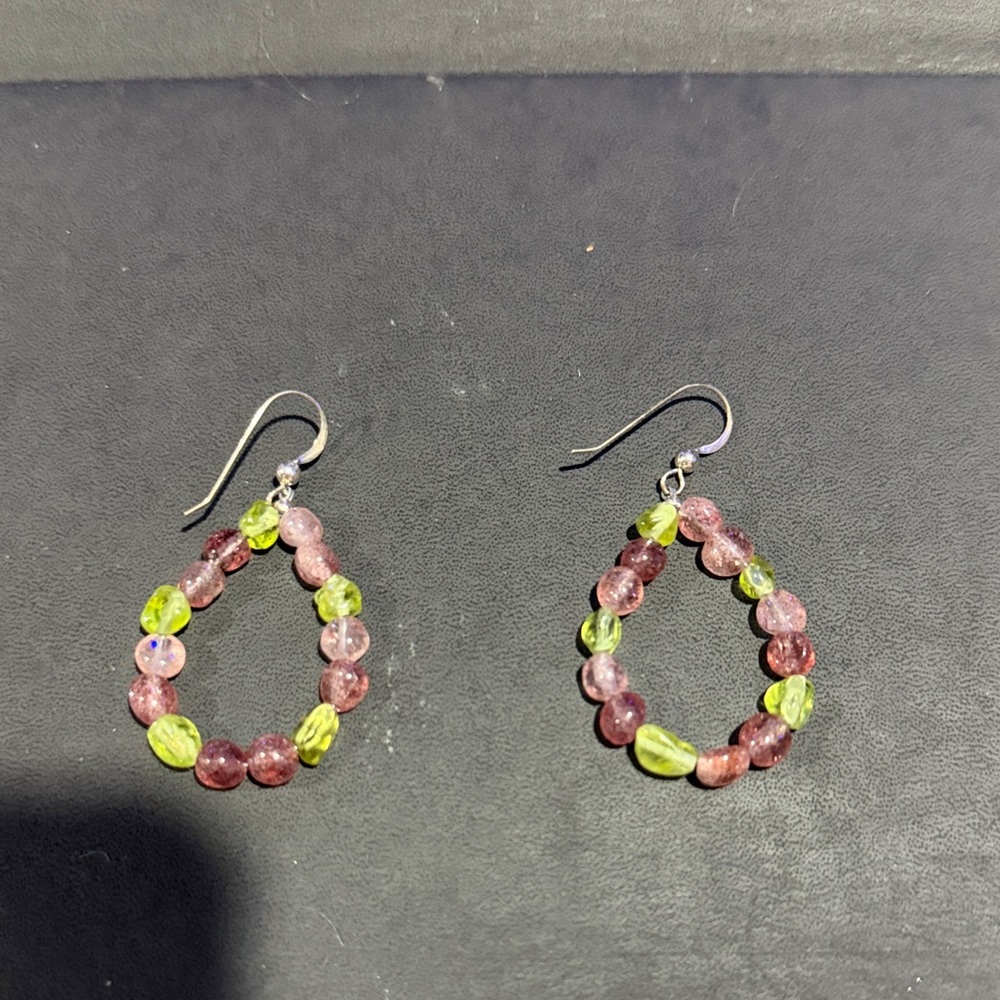 Handmade Pink and Lime Bead Teardrop Earrings